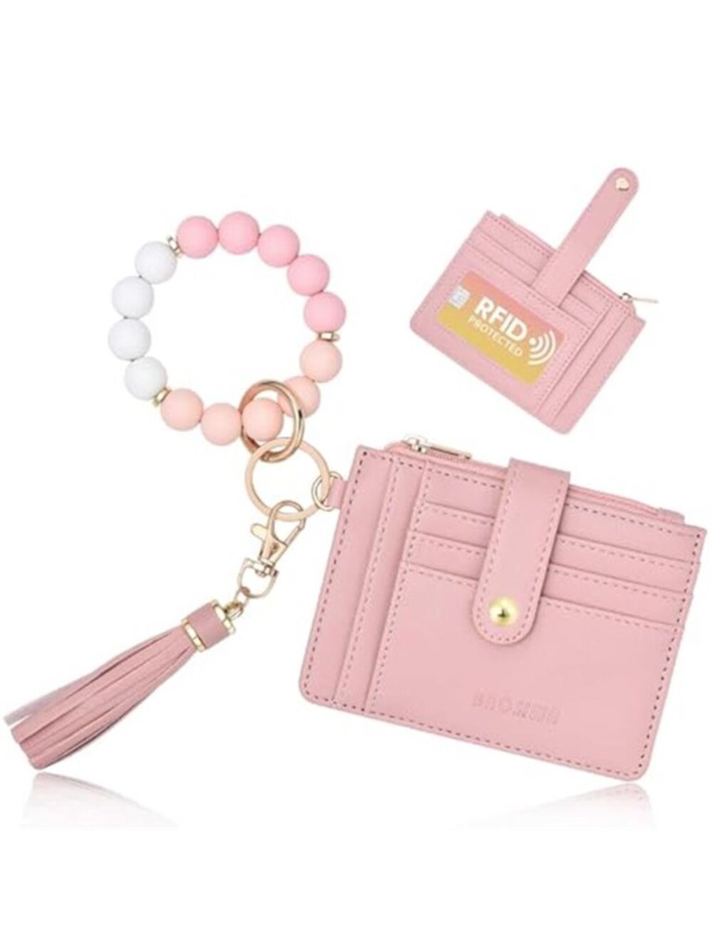 RFID Wristlet Wallet Keychain Card Holder Silicone Bracelet Zip Coin Purse Pink
